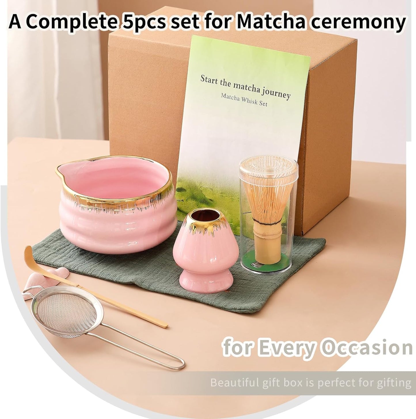 7-Piece Matcha Set, Matcha Bowl & Bamboo Whisk Kit | Ceremonial Matcha Whisk Tools with Golden Texture Details, Japanese Tea Ceremony Starter Kit & Unique Matcha Gift (Pink)