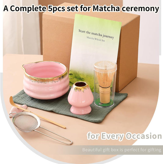 7-Piece Matcha Set, Matcha Bowl & Bamboo Whisk Kit | Ceremonial Matcha Whisk Tools with Golden Texture Details, Japanese Tea Ceremony Starter Kit & Unique Matcha Gift (Pink)