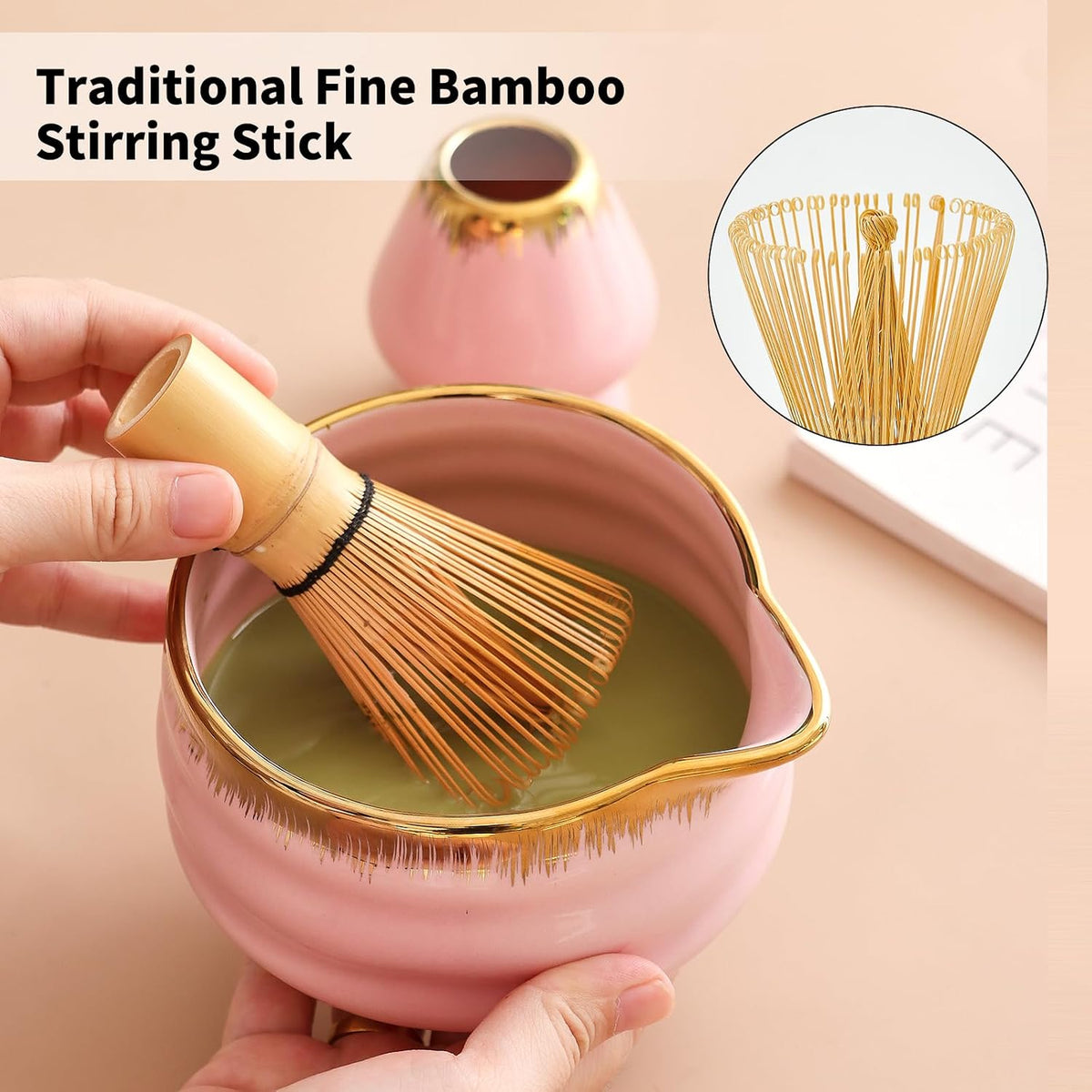 7-Piece Matcha Set, Matcha Bowl & Bamboo Whisk Kit | Ceremonial Matcha Whisk Tools with Golden Texture Details, Japanese Tea Ceremony Starter Kit & Unique Matcha Gift (Pink)