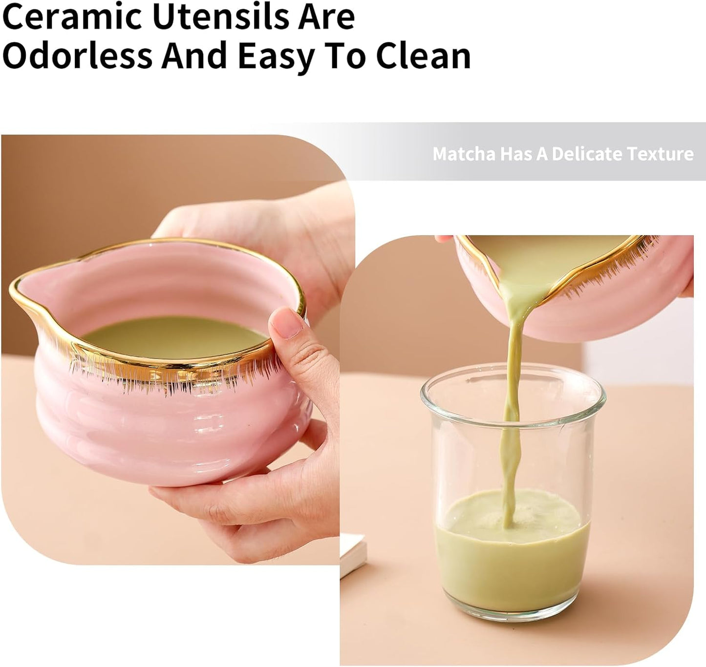 7-Piece Matcha Set, Matcha Bowl & Bamboo Whisk Kit | Ceremonial Matcha Whisk Tools with Golden Texture Details, Japanese Tea Ceremony Starter Kit & Unique Matcha Gift (Pink)