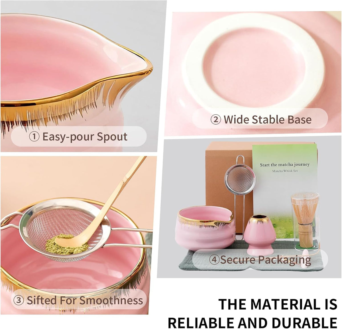 7-Piece Matcha Set, Matcha Bowl & Bamboo Whisk Kit | Ceremonial Matcha Whisk Tools with Golden Texture Details, Japanese Tea Ceremony Starter Kit & Unique Matcha Gift (Pink)