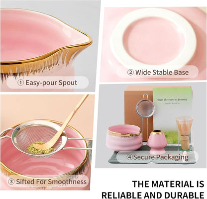 7-Piece Matcha Set, Matcha Bowl & Bamboo Whisk Kit | Ceremonial Matcha Whisk Tools with Golden Texture Details, Japanese Tea Ceremony Starter Kit & Unique Matcha Gift (Pink)
