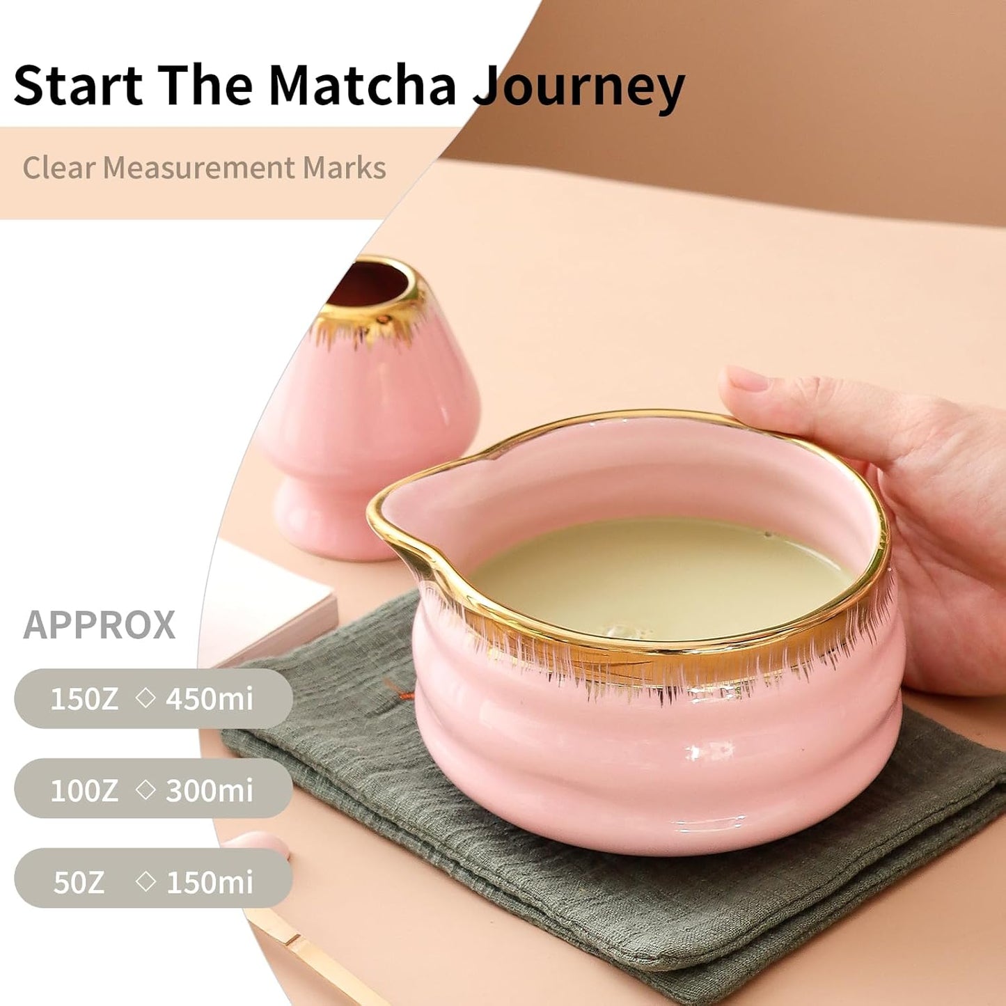 7-Piece Matcha Set, Matcha Bowl & Bamboo Whisk Kit | Ceremonial Matcha Whisk Tools with Golden Texture Details, Japanese Tea Ceremony Starter Kit & Unique Matcha Gift (Pink)