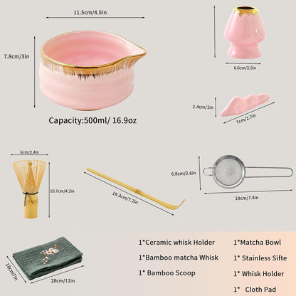 7-Piece Matcha Set, Matcha Bowl & Bamboo Whisk Kit | Ceremonial Matcha Whisk Tools with Golden Texture Details, Japanese Tea Ceremony Starter Kit & Unique Matcha Gift (Pink)