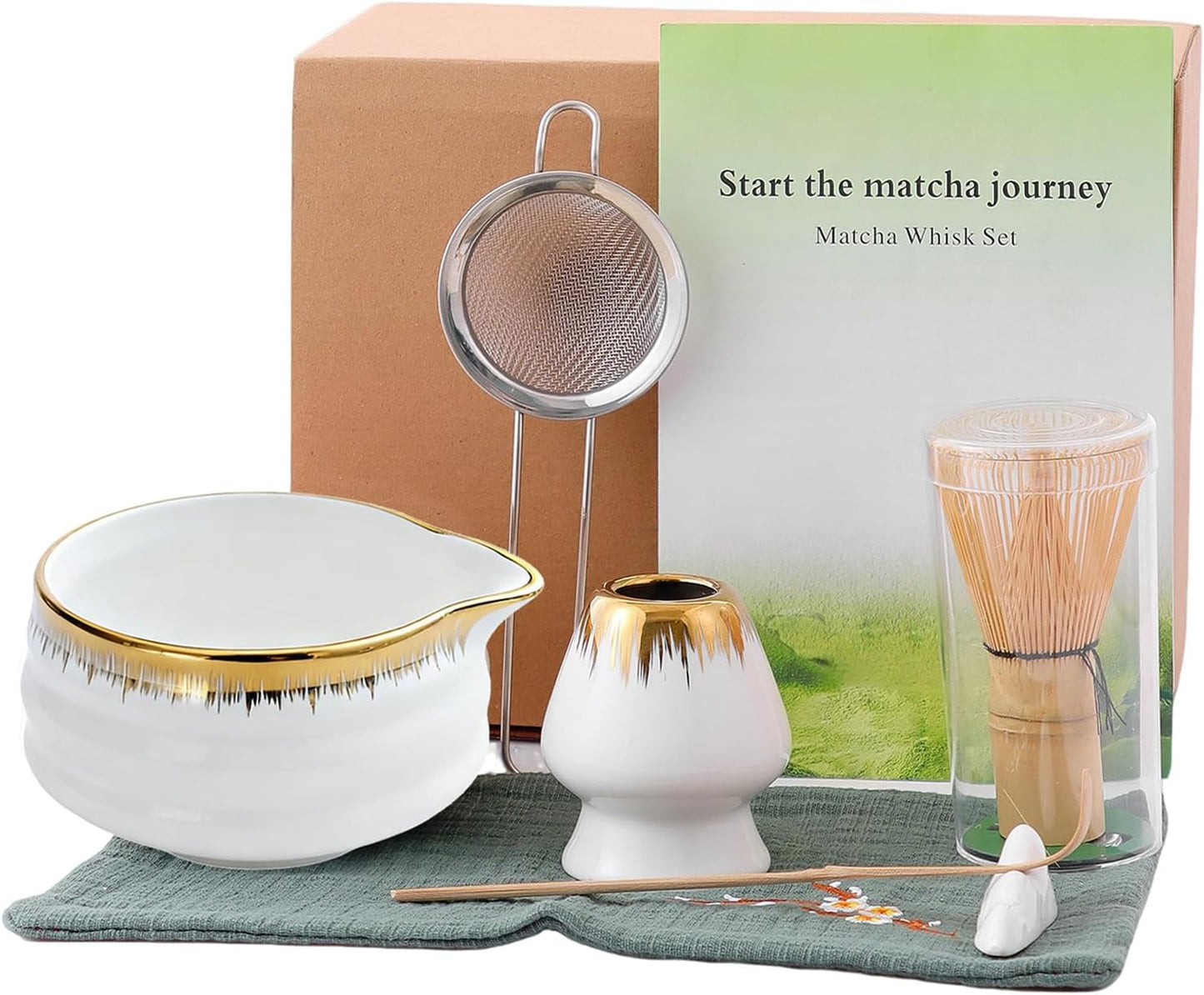 7-Piece Matcha Set, Matcha Bowl & Bamboo Whisk Kit | Ceremonial Matcha Whisk Tools with Golden Texture Details, Japanese Tea Ceremony Starter Kit & Unique Matcha Gift (Pink)