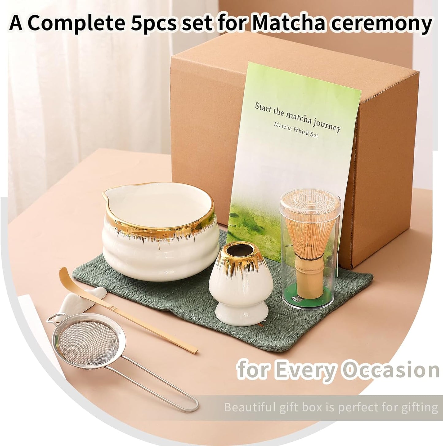 7-Piece Matcha Set, Matcha Bowl & Bamboo Whisk Kit | Ceremonial Matcha Whisk Tools with Golden Texture Details, Japanese Tea Ceremony Starter Kit & Unique Matcha Gift (Pink)