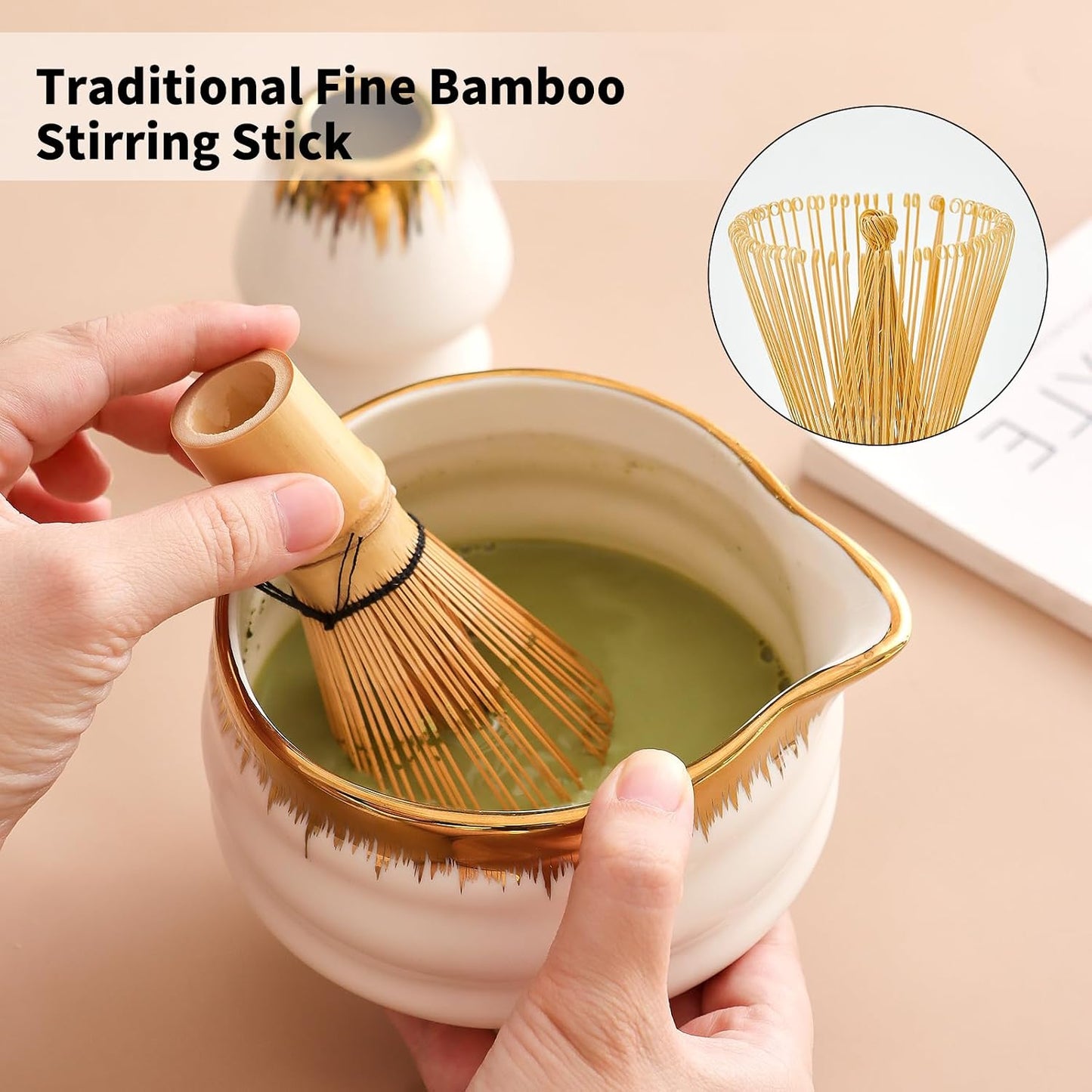 7-Piece Matcha Set, Matcha Bowl & Bamboo Whisk Kit | Ceremonial Matcha Whisk Tools with Golden Texture Details, Japanese Tea Ceremony Starter Kit & Unique Matcha Gift (Pink)
