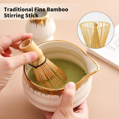 7-Piece Matcha Set, Matcha Bowl & Bamboo Whisk Kit | Ceremonial Matcha Whisk Tools with Golden Texture Details, Japanese Tea Ceremony Starter Kit & Unique Matcha Gift (Pink)