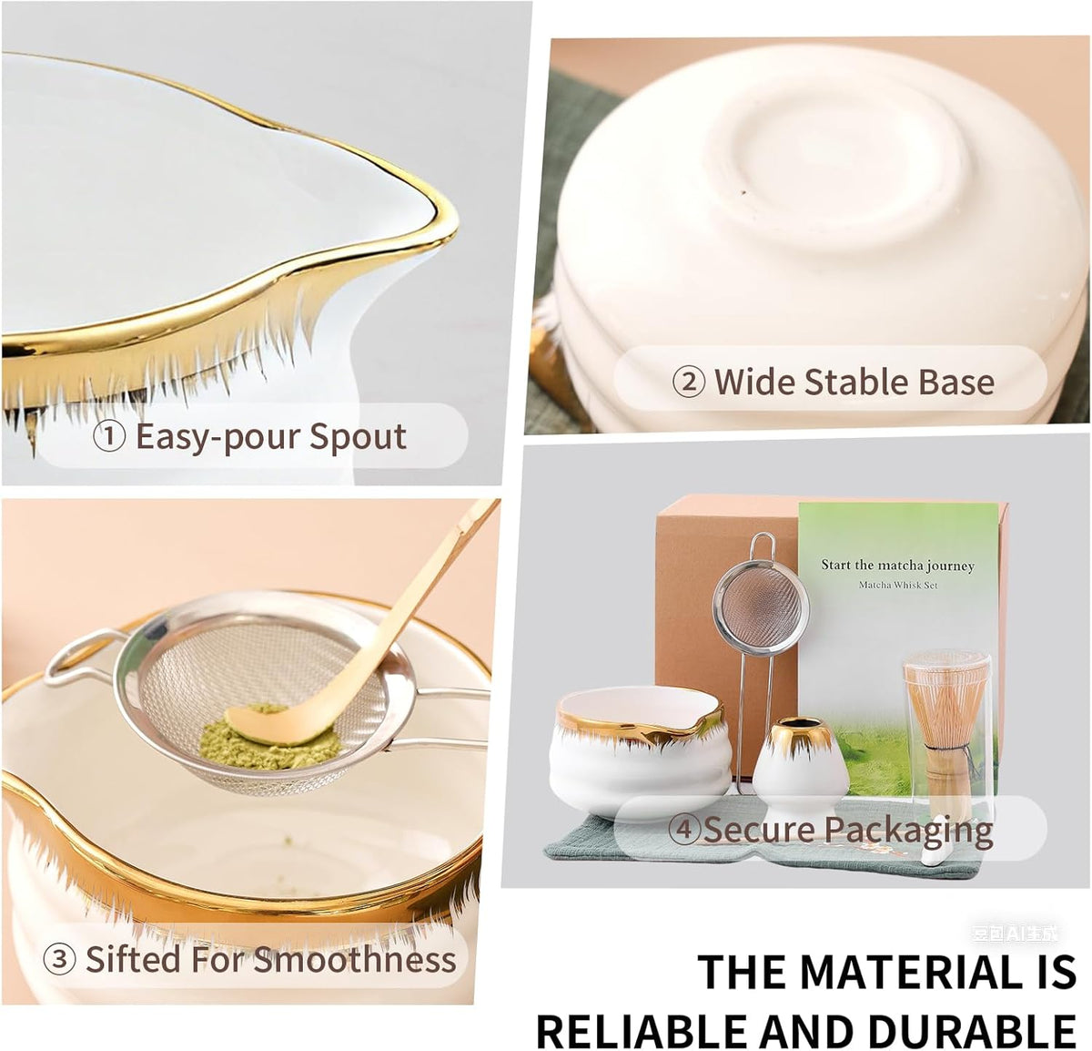 7-Piece Matcha Set, Matcha Bowl & Bamboo Whisk Kit | Ceremonial Matcha Whisk Tools with Golden Texture Details, Japanese Tea Ceremony Starter Kit & Unique Matcha Gift (Pink)