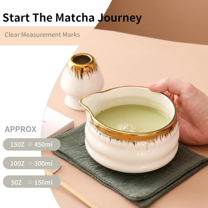7-Piece Matcha Set, Matcha Bowl & Bamboo Whisk Kit | Ceremonial Matcha Whisk Tools with Golden Texture Details, Japanese Tea Ceremony Starter Kit & Unique Matcha Gift (Pink)