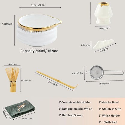 7-Piece Matcha Set, Matcha Bowl & Bamboo Whisk Kit | Ceremonial Matcha Whisk Tools with Golden Texture Details, Japanese Tea Ceremony Starter Kit & Unique Matcha Gift (Pink)