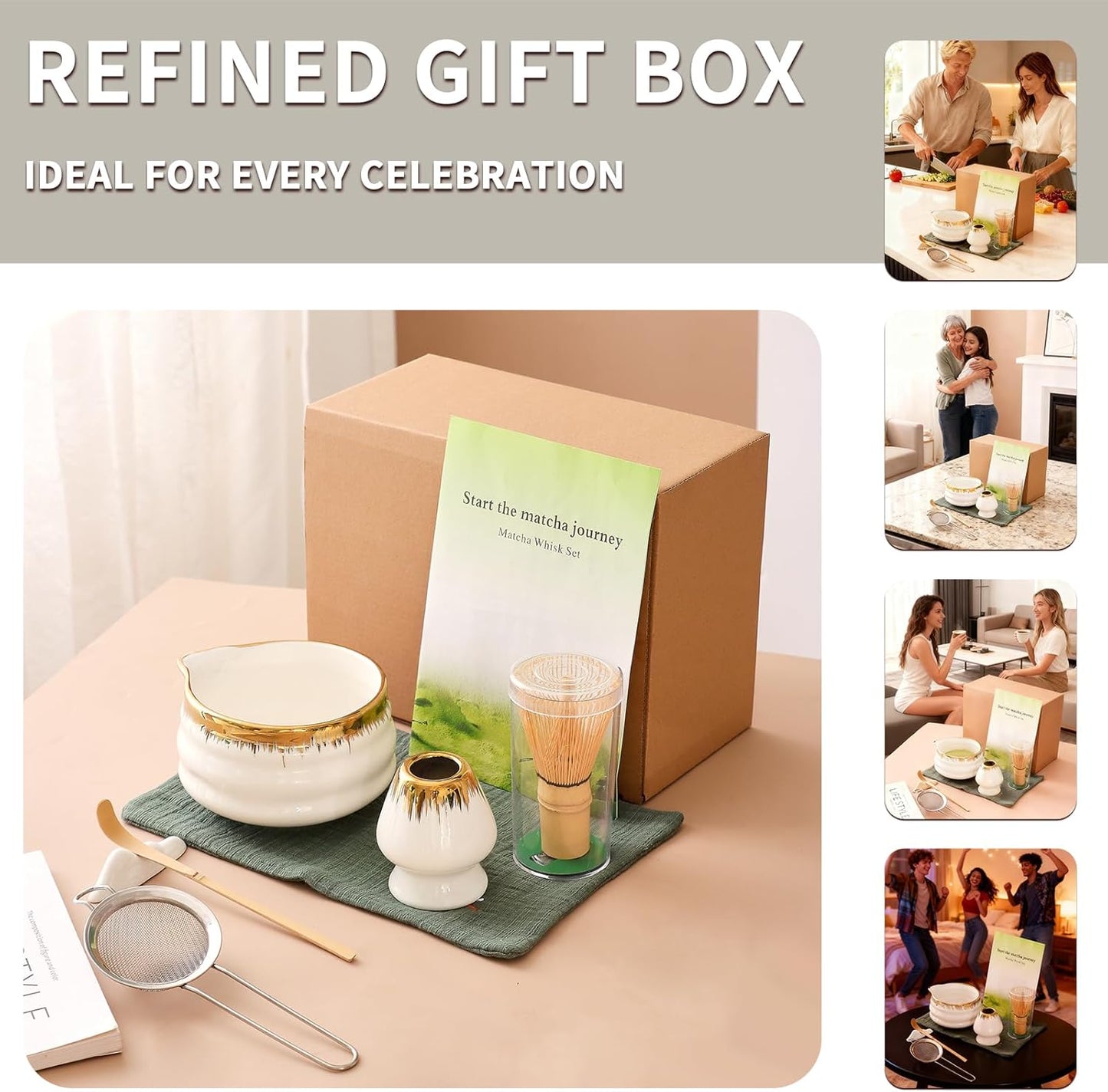 7-Piece Matcha Set, Matcha Bowl & Bamboo Whisk Kit | Ceremonial Matcha Whisk Tools with Golden Texture Details, Japanese Tea Ceremony Starter Kit & Unique Matcha Gift (Pink)