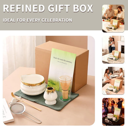 7-Piece Matcha Set, Matcha Bowl & Bamboo Whisk Kit | Ceremonial Matcha Whisk Tools with Golden Texture Details, Japanese Tea Ceremony Starter Kit & Unique Matcha Gift (Pink)