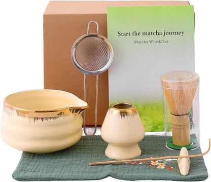 7-Piece Matcha Set, Matcha Bowl & Bamboo Whisk Kit | Ceremonial Matcha Whisk Tools with Golden Texture Details, Japanese Tea Ceremony Starter Kit & Unique Matcha Gift (Pink)
