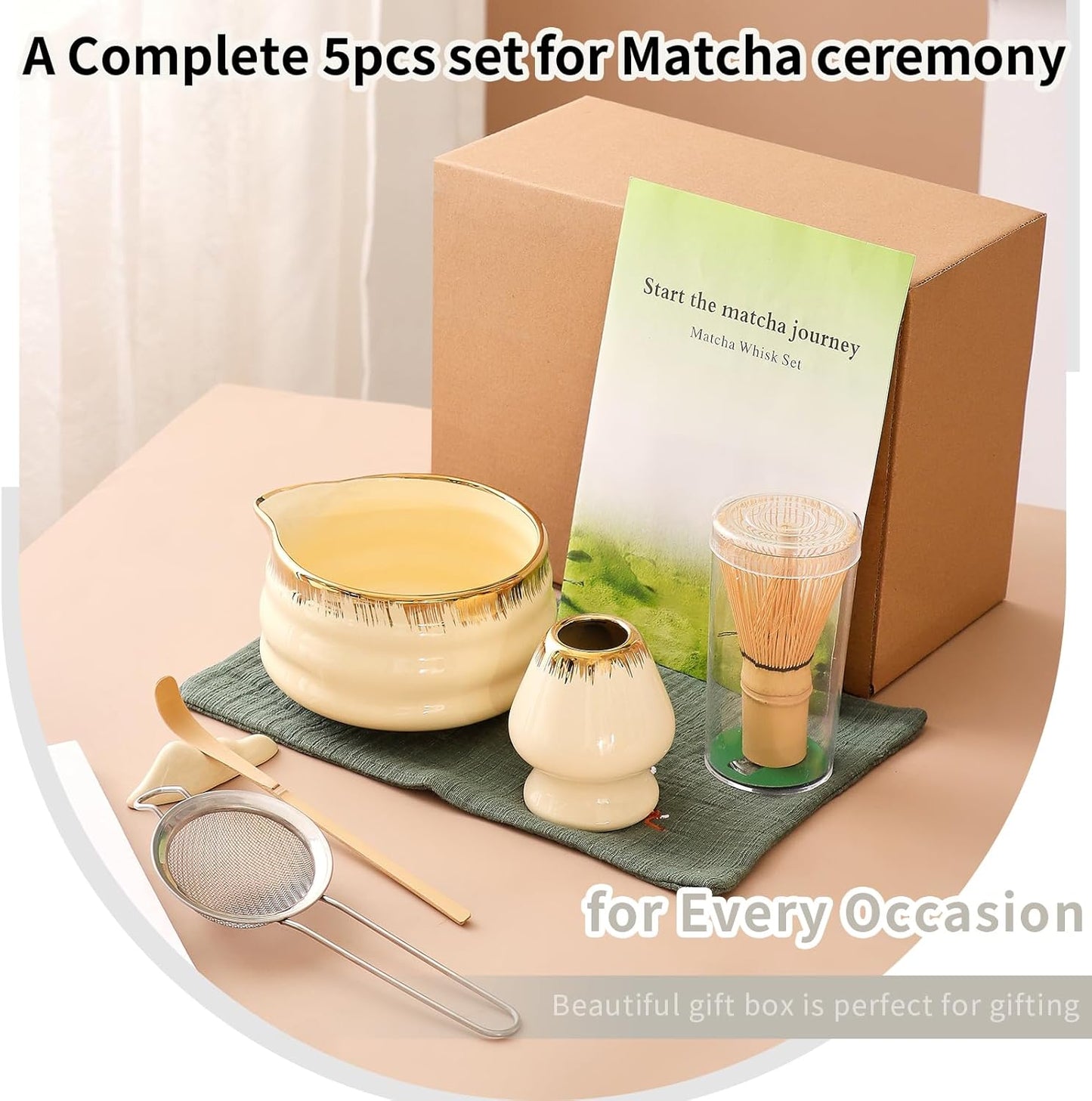 7-Piece Matcha Set, Matcha Bowl & Bamboo Whisk Kit | Ceremonial Matcha Whisk Tools with Golden Texture Details, Japanese Tea Ceremony Starter Kit & Unique Matcha Gift (Pink)