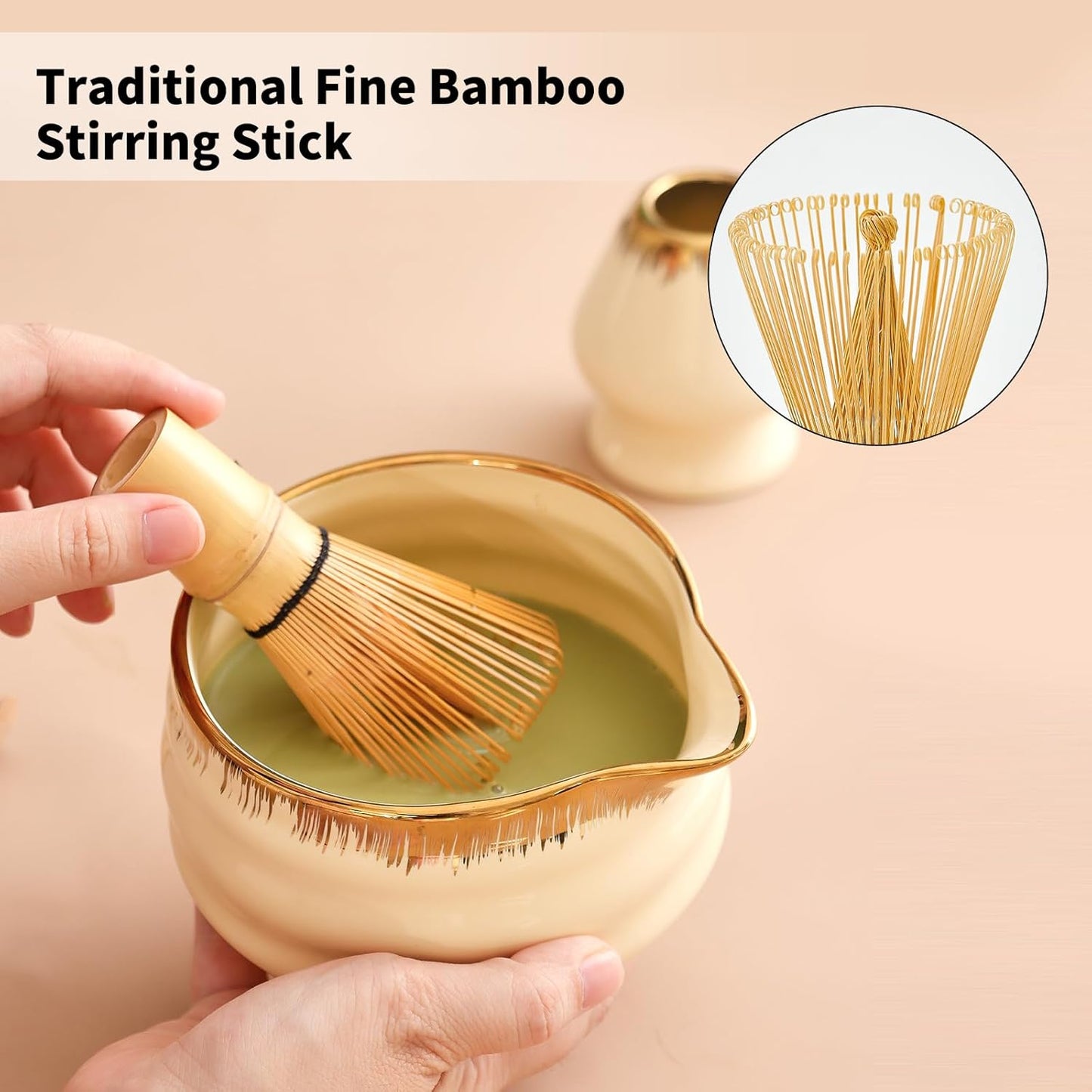 7-Piece Matcha Set, Matcha Bowl & Bamboo Whisk Kit | Ceremonial Matcha Whisk Tools with Golden Texture Details, Japanese Tea Ceremony Starter Kit & Unique Matcha Gift (Pink)