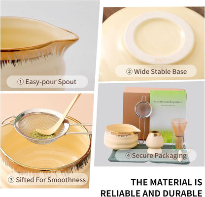 7-Piece Matcha Set, Matcha Bowl & Bamboo Whisk Kit | Ceremonial Matcha Whisk Tools with Golden Texture Details, Japanese Tea Ceremony Starter Kit & Unique Matcha Gift (Pink)