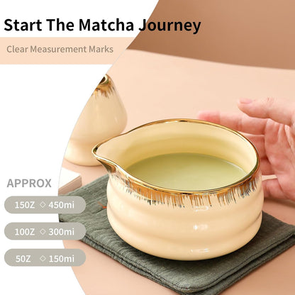 7-Piece Matcha Set, Matcha Bowl & Bamboo Whisk Kit | Ceremonial Matcha Whisk Tools with Golden Texture Details, Japanese Tea Ceremony Starter Kit & Unique Matcha Gift (Pink)