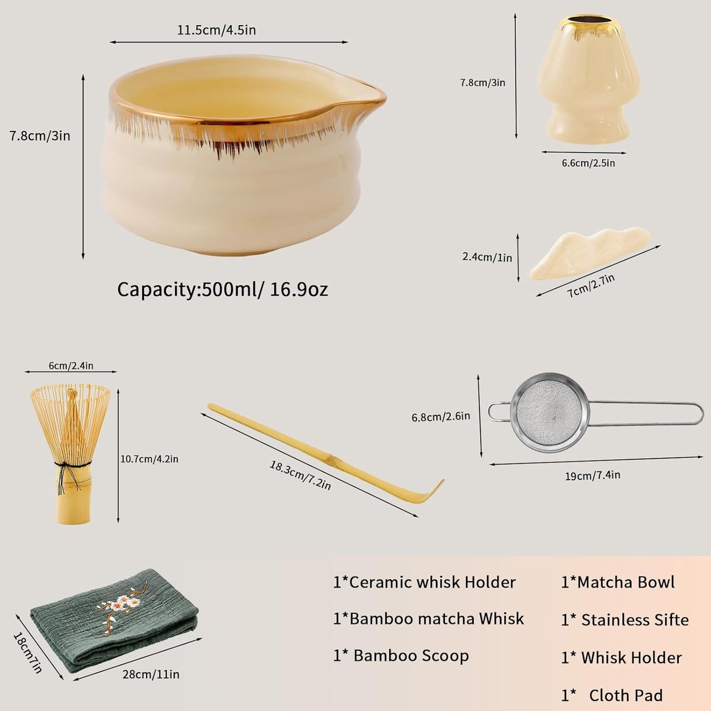 7-Piece Matcha Set, Matcha Bowl & Bamboo Whisk Kit | Ceremonial Matcha Whisk Tools with Golden Texture Details, Japanese Tea Ceremony Starter Kit & Unique Matcha Gift (Pink)