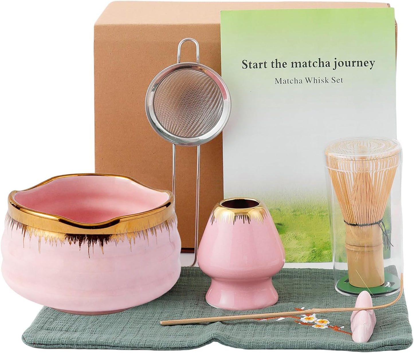 7-Piece Matcha Set, Matcha Bowl & Bamboo Whisk Kit | Ceremonial Matcha Whisk Tools with Golden Texture Details, Japanese Tea Ceremony Starter Kit & Unique Matcha Gift (Pink)