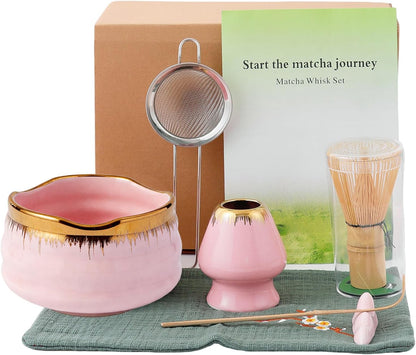 7-Piece Matcha Set, Matcha Bowl & Bamboo Whisk Kit | Ceremonial Matcha Whisk Tools with Golden Texture Details, Japanese Tea Ceremony Starter Kit & Unique Matcha Gift (Pink)