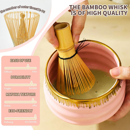 7-Piece Matcha Set, Matcha Bowl & Bamboo Whisk Kit | Ceremonial Matcha Whisk Tools with Golden Texture Details, Japanese Tea Ceremony Starter Kit & Unique Matcha Gift (Pink)