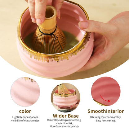 7-Piece Matcha Set, Matcha Bowl & Bamboo Whisk Kit | Ceremonial Matcha Whisk Tools with Golden Texture Details, Japanese Tea Ceremony Starter Kit & Unique Matcha Gift (Pink)