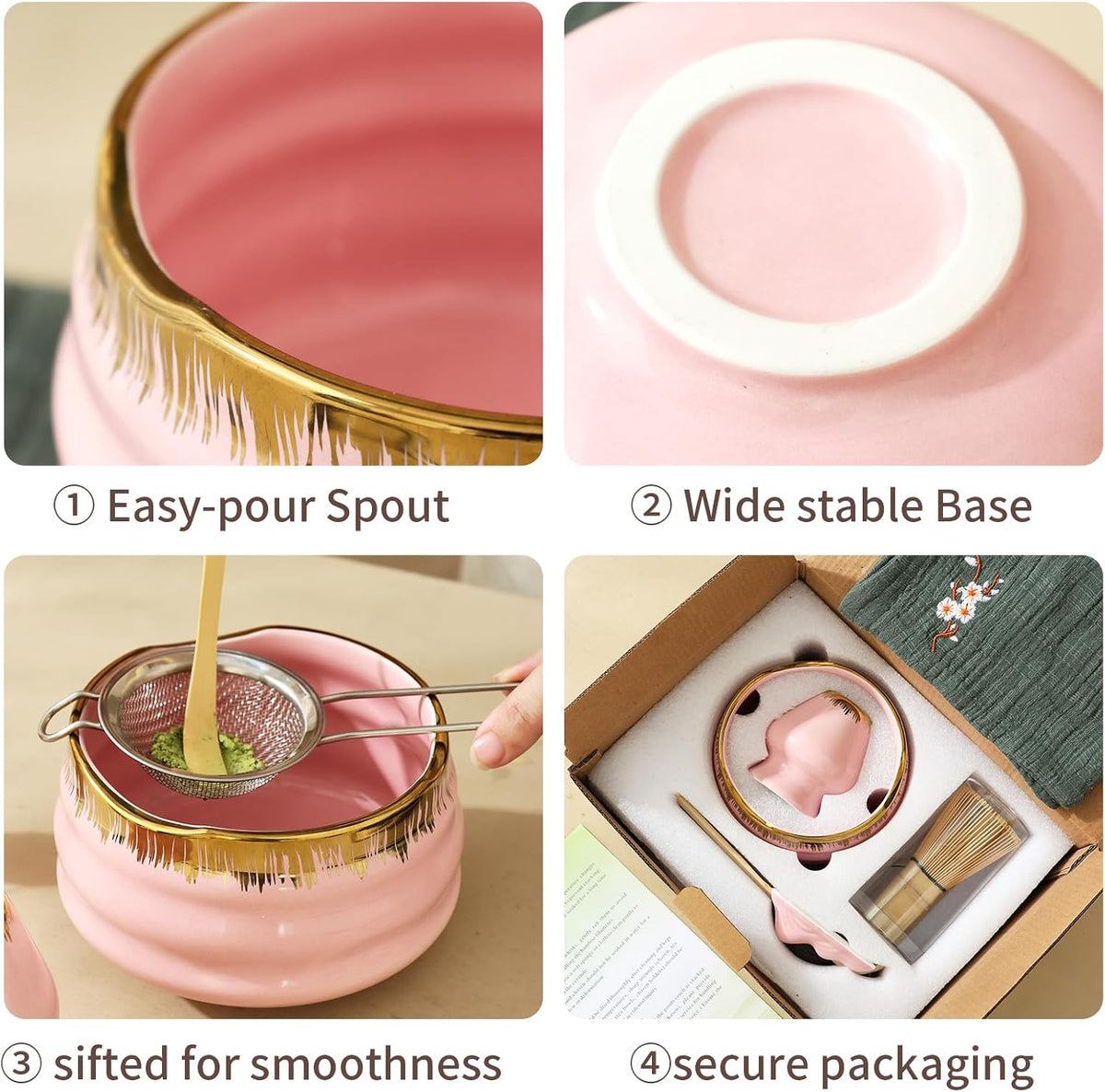 7-Piece Matcha Set, Matcha Bowl & Bamboo Whisk Kit | Ceremonial Matcha Whisk Tools with Golden Texture Details, Japanese Tea Ceremony Starter Kit & Unique Matcha Gift (Pink)