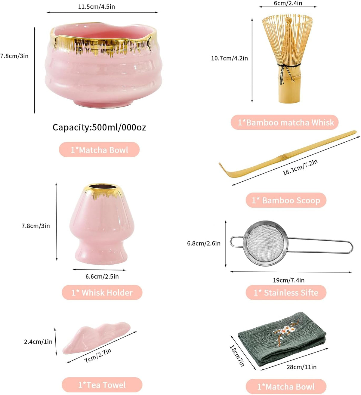 7-Piece Matcha Set, Matcha Bowl & Bamboo Whisk Kit | Ceremonial Matcha Whisk Tools with Golden Texture Details, Japanese Tea Ceremony Starter Kit & Unique Matcha Gift (Pink)