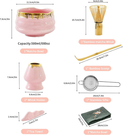 7-Piece Matcha Set, Matcha Bowl & Bamboo Whisk Kit | Ceremonial Matcha Whisk Tools with Golden Texture Details, Japanese Tea Ceremony Starter Kit & Unique Matcha Gift (Pink)