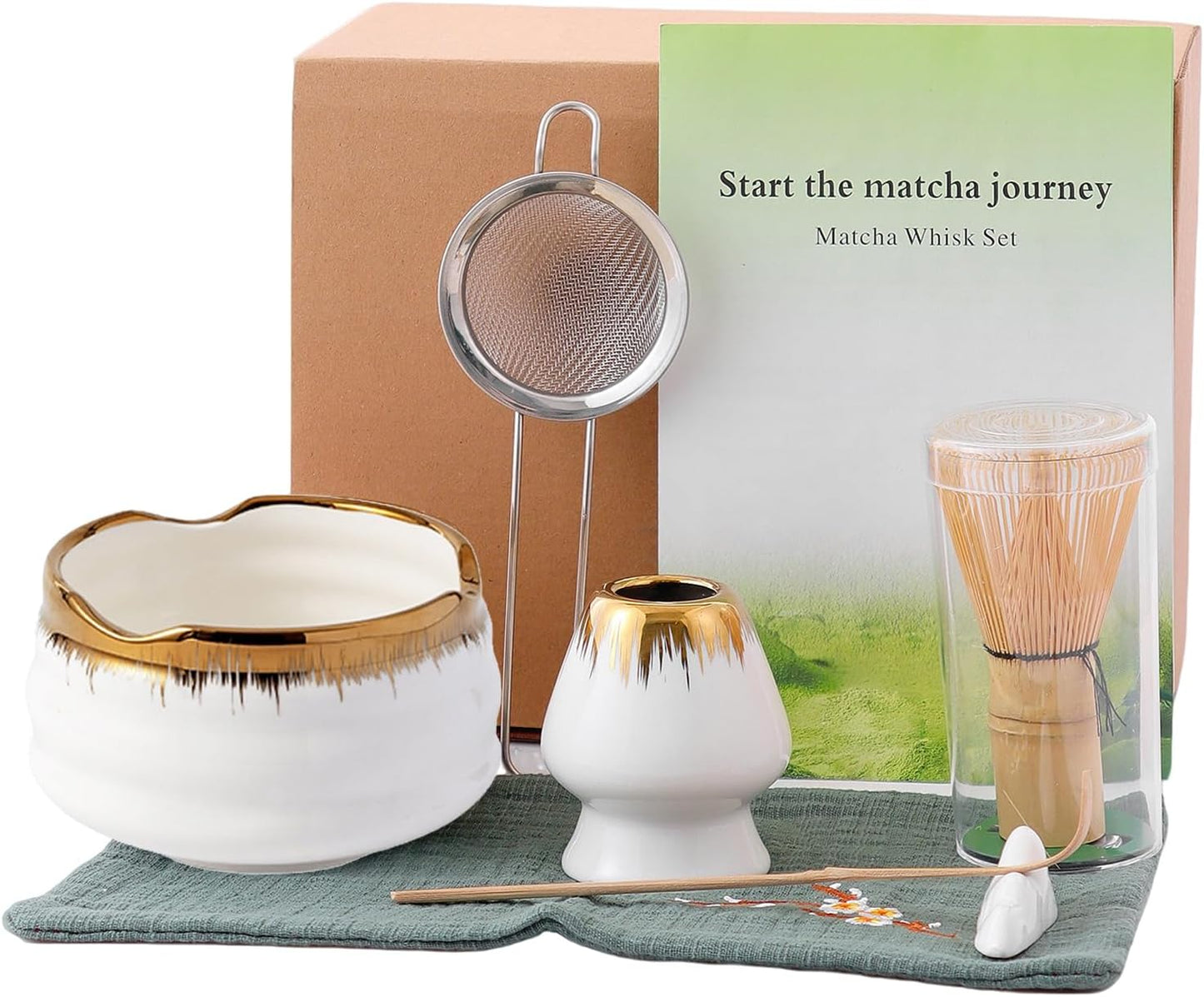 7-Piece Matcha Set, Matcha Bowl & Bamboo Whisk Kit | Ceremonial Matcha Whisk Tools with Golden Texture Details, Japanese Tea Ceremony Starter Kit & Unique Matcha Gift (Pink)