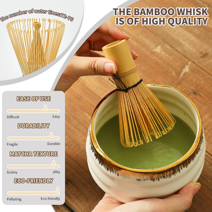 7-Piece Matcha Set, Matcha Bowl & Bamboo Whisk Kit | Ceremonial Matcha Whisk Tools with Golden Texture Details, Japanese Tea Ceremony Starter Kit & Unique Matcha Gift (Pink)