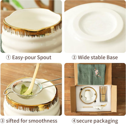 7-Piece Matcha Set, Matcha Bowl & Bamboo Whisk Kit | Ceremonial Matcha Whisk Tools with Golden Texture Details, Japanese Tea Ceremony Starter Kit & Unique Matcha Gift (Pink)