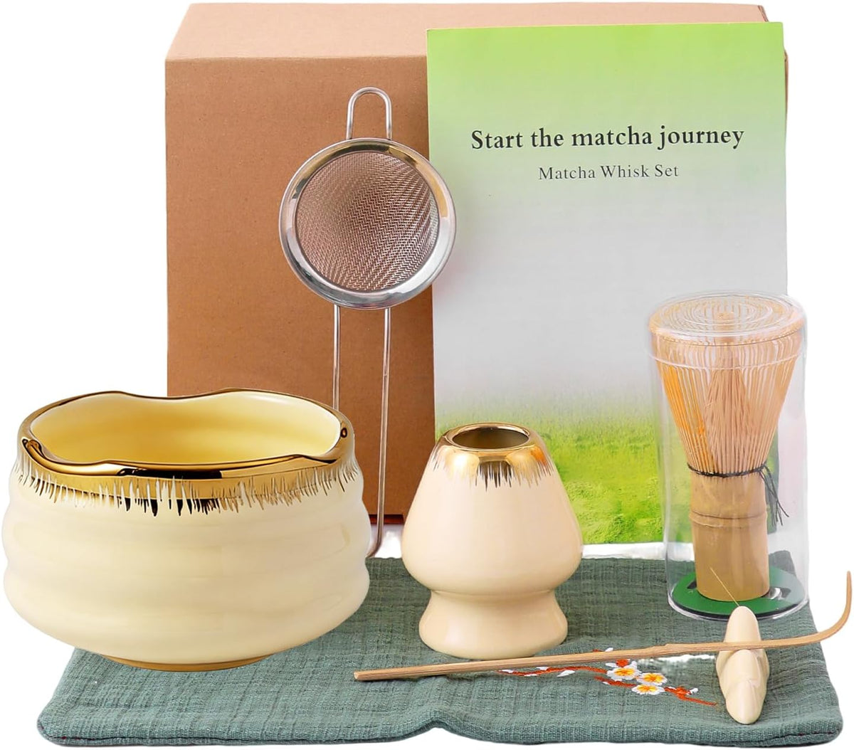 7-Piece Matcha Set, Matcha Bowl & Bamboo Whisk Kit | Ceremonial Matcha Whisk Tools with Golden Texture Details, Japanese Tea Ceremony Starter Kit & Unique Matcha Gift (Pink)