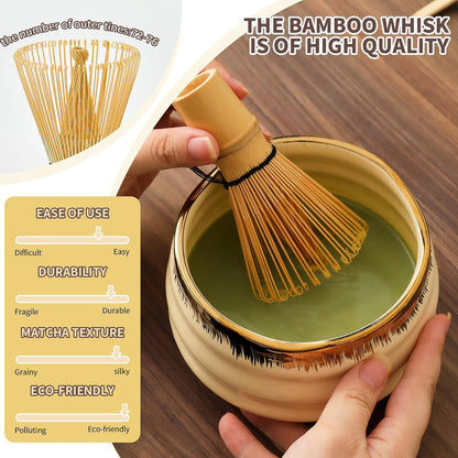 7-Piece Matcha Set, Matcha Bowl & Bamboo Whisk Kit | Ceremonial Matcha Whisk Tools with Golden Texture Details, Japanese Tea Ceremony Starter Kit & Unique Matcha Gift (Pink)