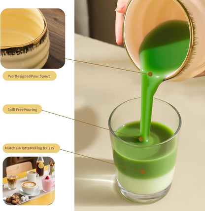 7-Piece Matcha Set, Matcha Bowl & Bamboo Whisk Kit | Ceremonial Matcha Whisk Tools with Golden Texture Details, Japanese Tea Ceremony Starter Kit & Unique Matcha Gift (Pink)