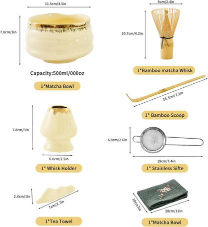 7-Piece Matcha Set, Matcha Bowl & Bamboo Whisk Kit | Ceremonial Matcha Whisk Tools with Golden Texture Details, Japanese Tea Ceremony Starter Kit & Unique Matcha Gift (Pink)