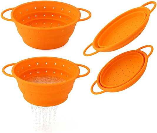 Silicone Colander, Collapsible Colander, Kitchen Food Strainer, Colander with Handles, Foldable Colander, Space-Saving Design, Heat resistant, 2 pack