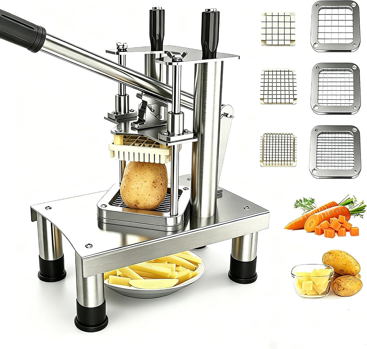 French Fry Cutter, Commercial Vegetable Chopper Potato Cutter with 3 Stainless Steel Blades (1/4", 3/8", 1/2"), Non-Slip Suction Base, Great for Potato, Carrot, Cucumber, Air Fryer & Restaurant Prep