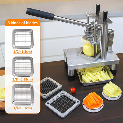 French Fry Cutter, Commercial Vegetable Chopper Potato Cutter with 3 Stainless Steel Blades (1/4", 3/8", 1/2"), Non-Slip Suction Base, Great for Potato, Carrot, Cucumber, Air Fryer & Restaurant Prep