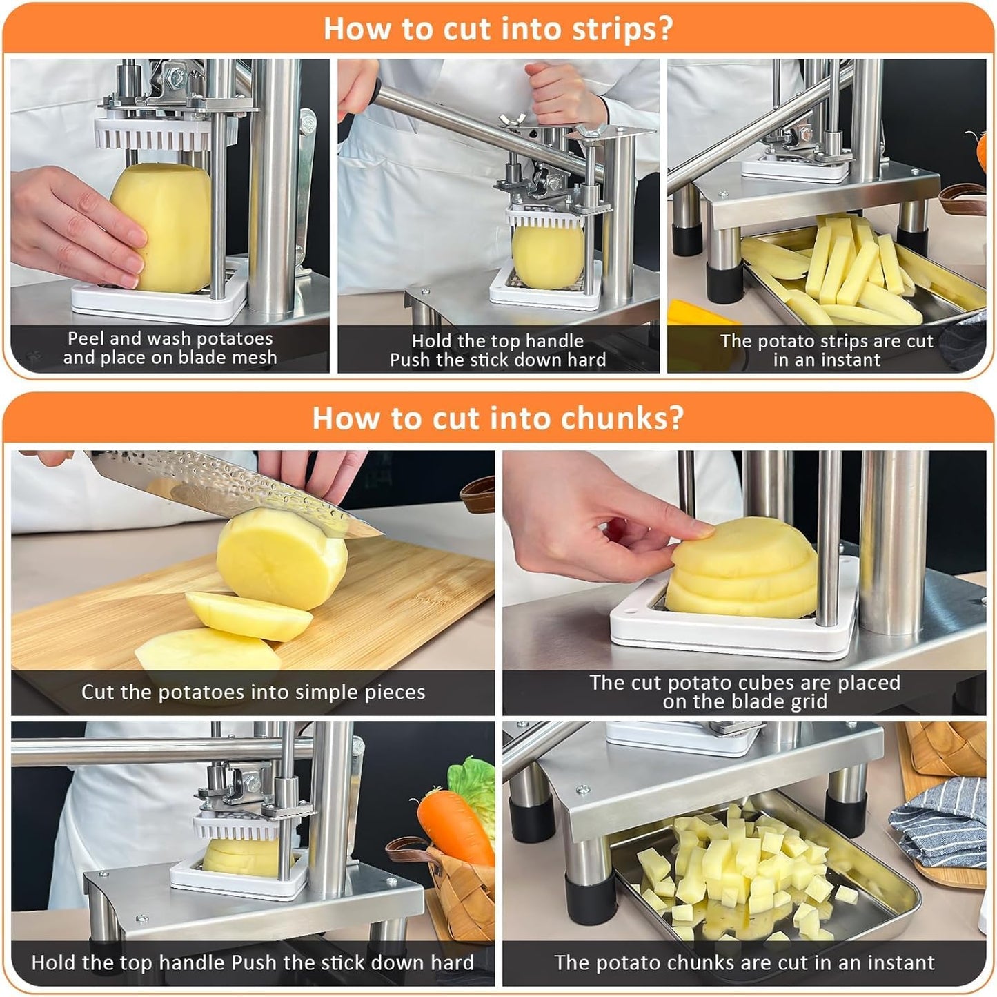 French Fry Cutter, Commercial Vegetable Chopper Potato Cutter with 3 Stainless Steel Blades (1/4", 3/8", 1/2"), Non-Slip Suction Base, Great for Potato, Carrot, Cucumber, Air Fryer & Restaurant Prep
