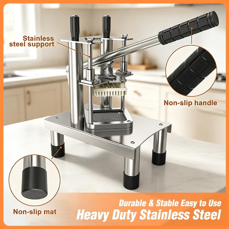 French Fry Cutter, Commercial Vegetable Chopper Potato Cutter with 3 Stainless Steel Blades (1/4", 3/8", 1/2"), Non-Slip Suction Base, Great for Potato, Carrot, Cucumber, Air Fryer & Restaurant Prep