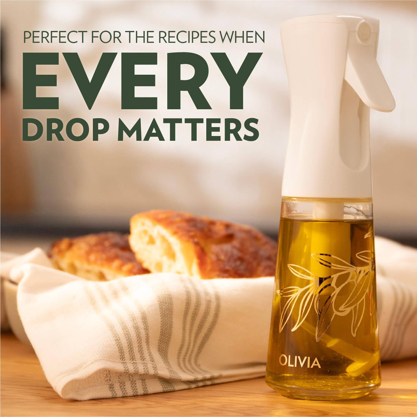 OLIVIA SIGNATURE Advanced Kitchen Oil Sprayer with Technology, Fine Mist & Portion Control, Refillable Glass Olive Oil Cooking Spray Bottle for Air Fryer, Salad, BBQ, 200ml (Green, Gold)