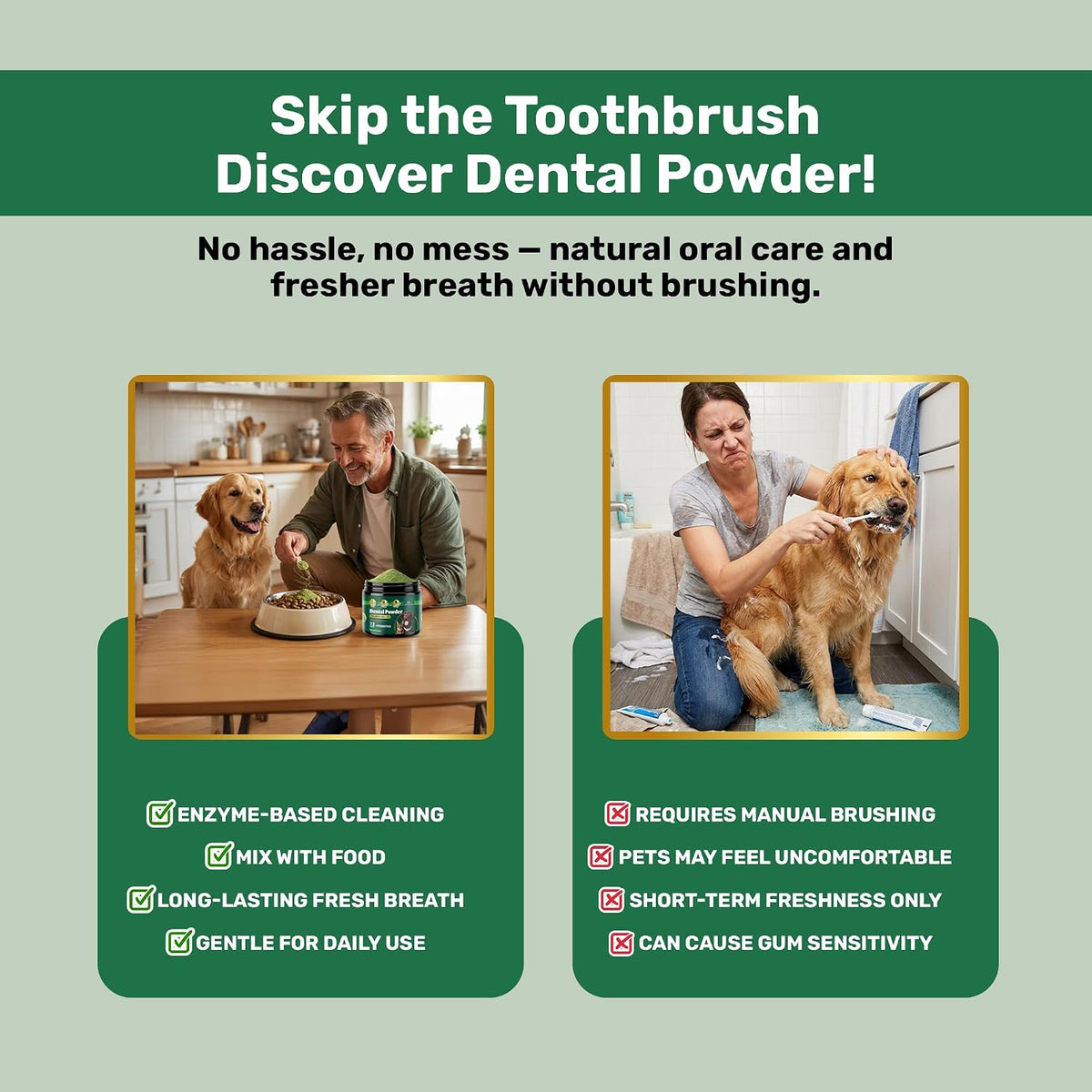 Matcha Flavor Powder - 5.3 OZ with Biotic Matcha Flavor - Bamboo Clean Kit for Dog Dental Powder