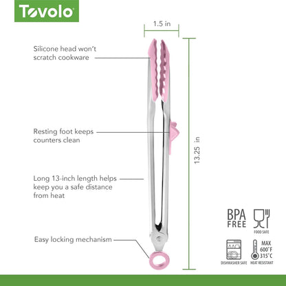 Tongs With Silicone Tips Easy Grip 13" Long Kitchen Tongs Stainless Steel Handle For Cooking, Non Scratch Heat Resistant Locking Tongs Silicone Tipped Dishwasher Safe BPA Free, Pink Sorbet