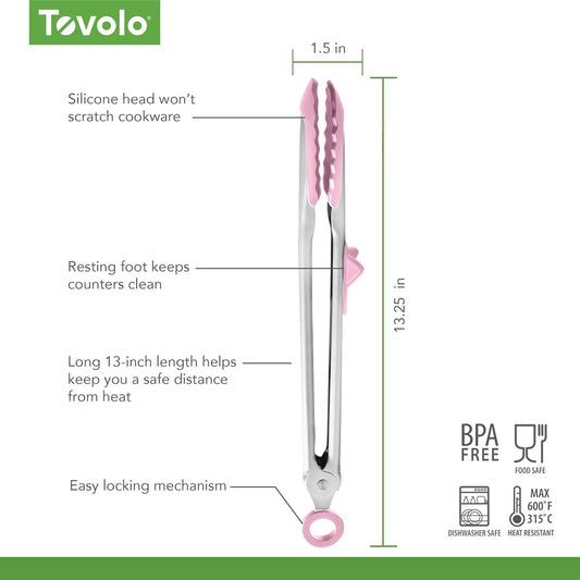 Tongs With Silicone Tips Easy Grip 13" Long Kitchen Tongs Stainless Steel Handle For Cooking, Non Scratch Heat Resistant Locking Tongs Silicone Tipped Dishwasher Safe BPA Free, Pink Sorbet