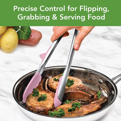 Tongs With Silicone Tips Easy Grip 13" Long Kitchen Tongs Stainless Steel Handle For Cooking, Non Scratch Heat Resistant Locking Tongs Silicone Tipped Dishwasher Safe BPA Free, Pink Sorbet