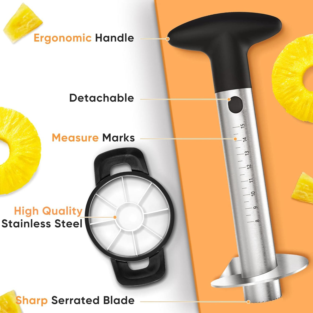 Pineapple Corer Cutter, Stainless Steel Fruit Peeler Slicer - Upgraded, Reinforced Thicker Blade, Core Remover with Measure Mark, Kitchen Tool for Diced Pineapple Rings