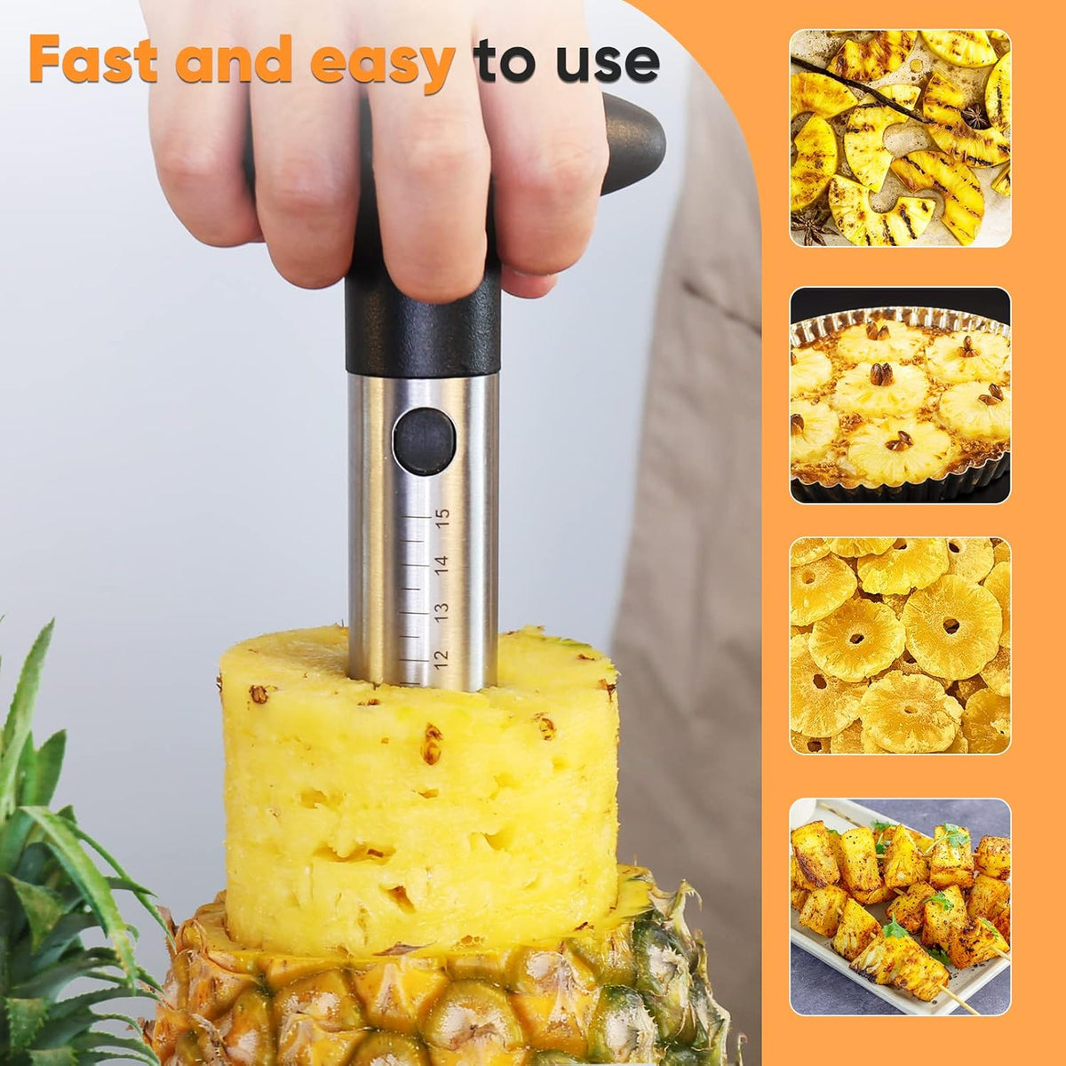 Pineapple Corer Cutter, Stainless Steel Fruit Peeler Slicer - Upgraded, Reinforced Thicker Blade, Core Remover with Measure Mark, Kitchen Tool for Diced Pineapple Rings