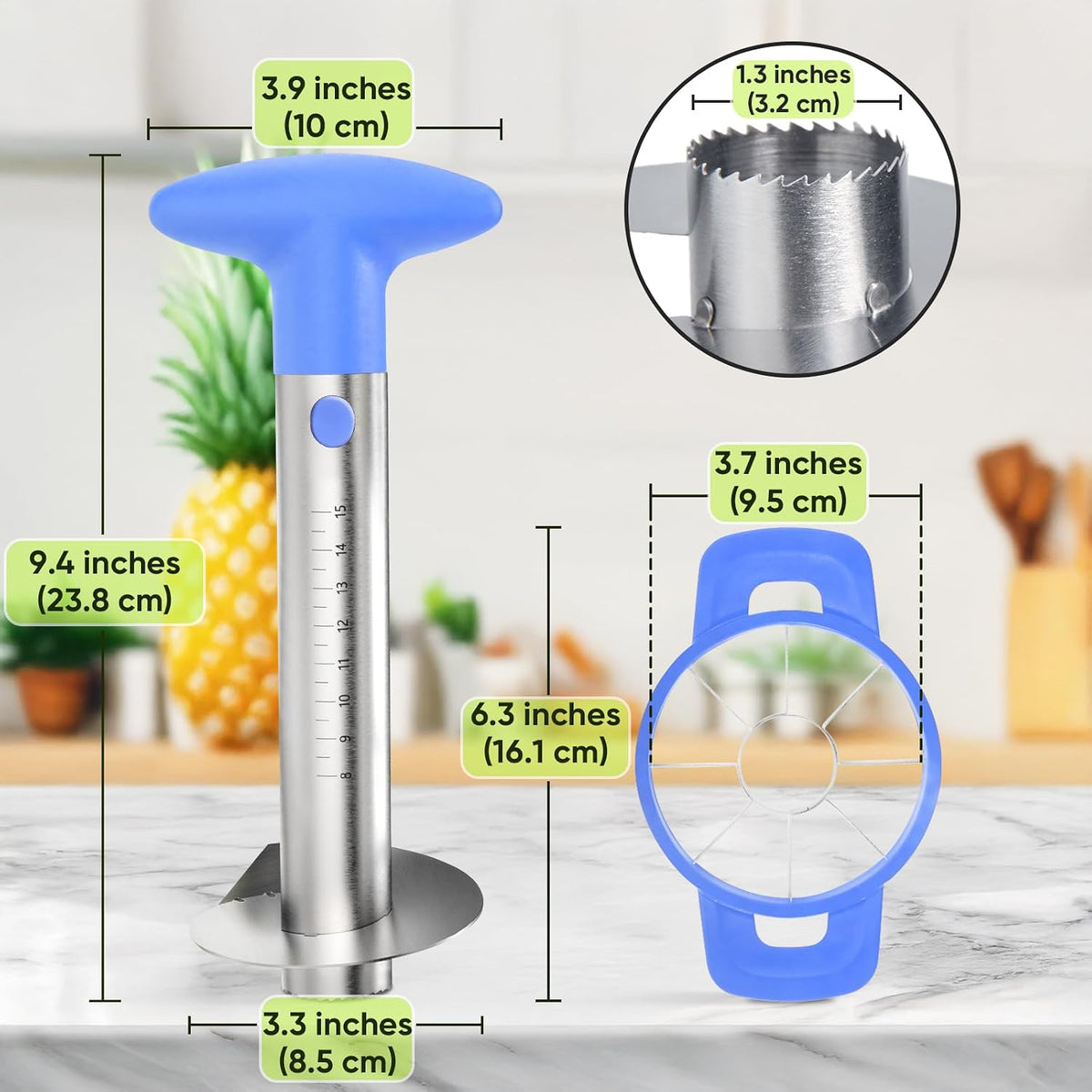 Pineapple Corer Cutter, Stainless Steel Fruit Peeler Slicer - Upgraded, Reinforced Thicker Blade, Core Remover with Measure Mark, Kitchen Tool for Diced Pineapple Rings